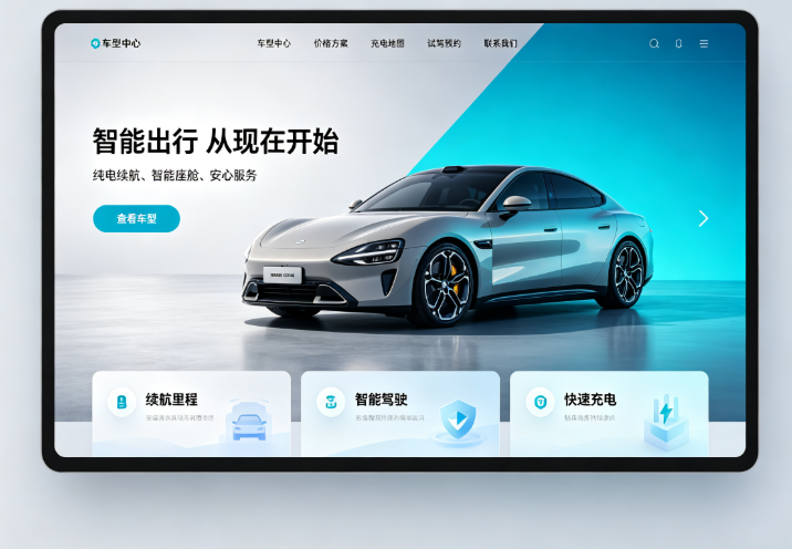 屏幕清晰展示汽车网站模板界面，四周围绕车辆图标